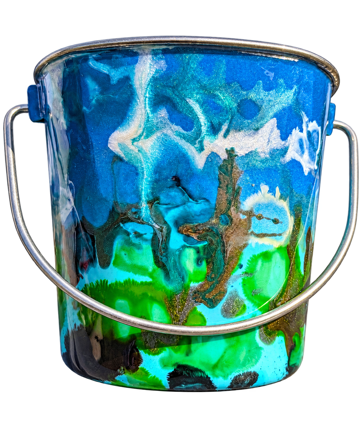 Hand-Painted Dog Water Bucket — Blue Lagoon Marble, alternate view