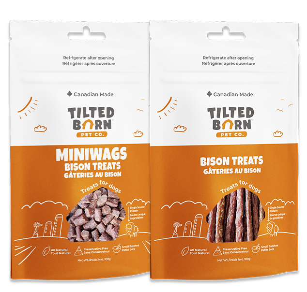 Tilted Barn Bison dog treats, 100 g Miniwags and Original Sticks options