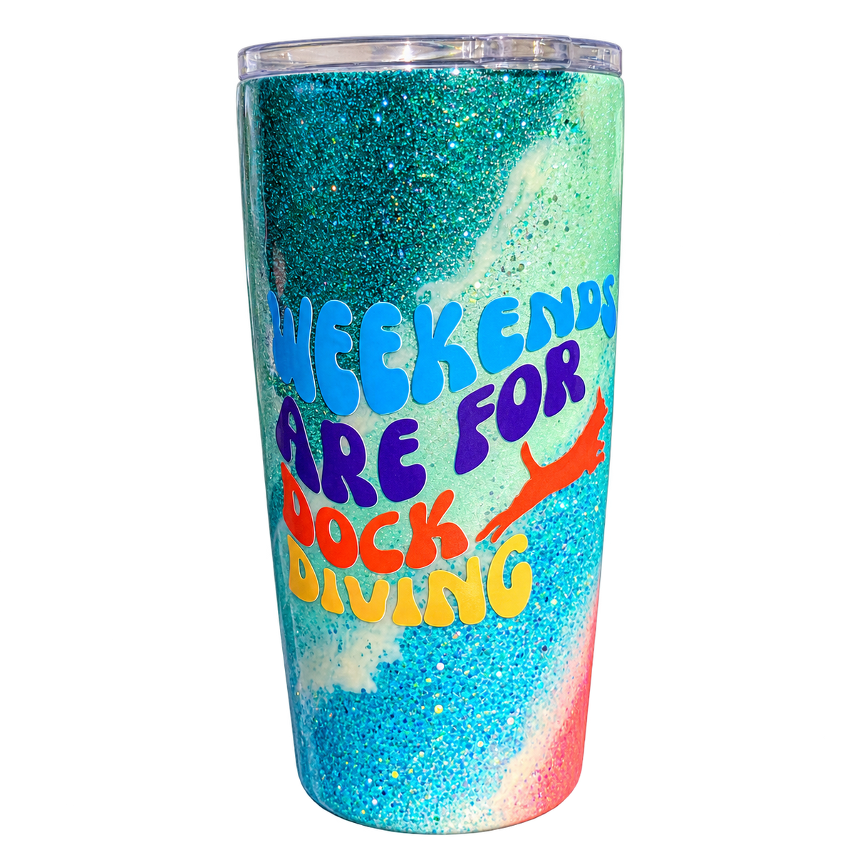 Hand-Painted “Weekends Are for Dock Diving” Glitter Tumbler
