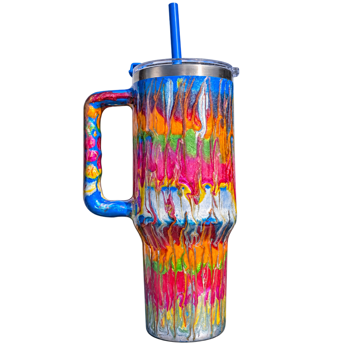 Hand-Painted Rainbow Drip Handled Tumbler with Straw