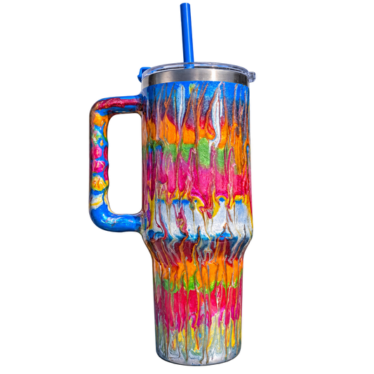 Hand-Painted Rainbow Drip Handled Tumbler with Straw