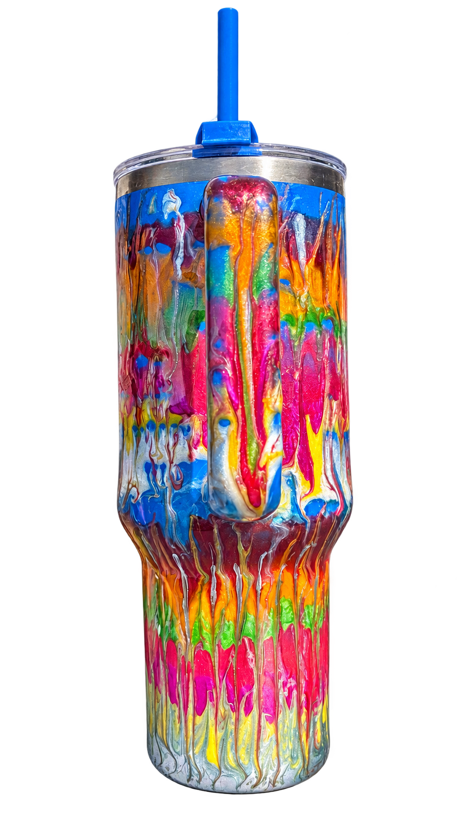 Hand-Painted Rainbow Drip Handled Tumbler with Straw