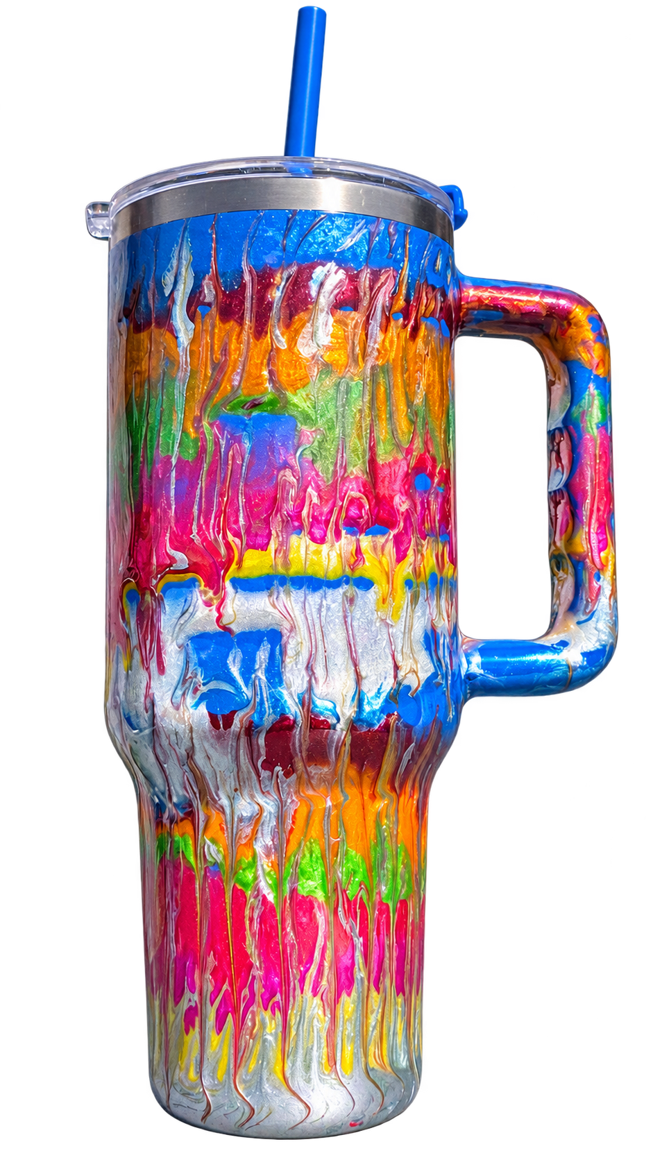 Hand-Painted Rainbow Drip Handled Tumbler with Straw