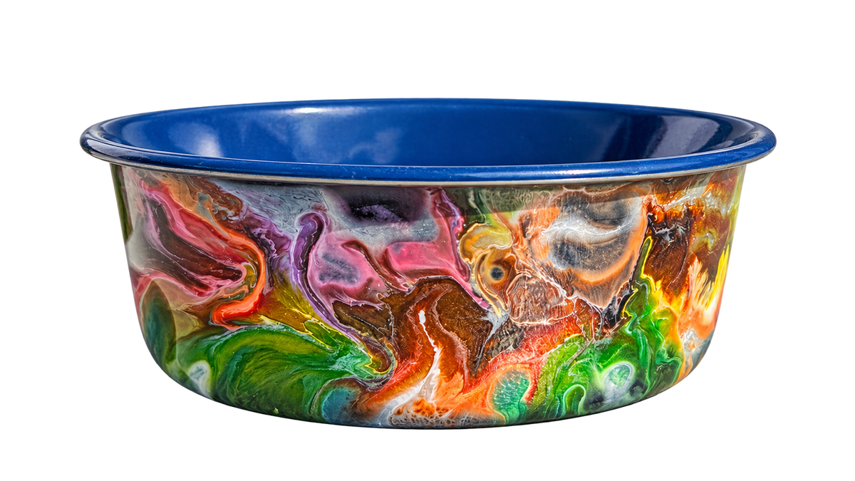 Hand-Painted Dog Bowl — Autumn Rainbow Marble, front view