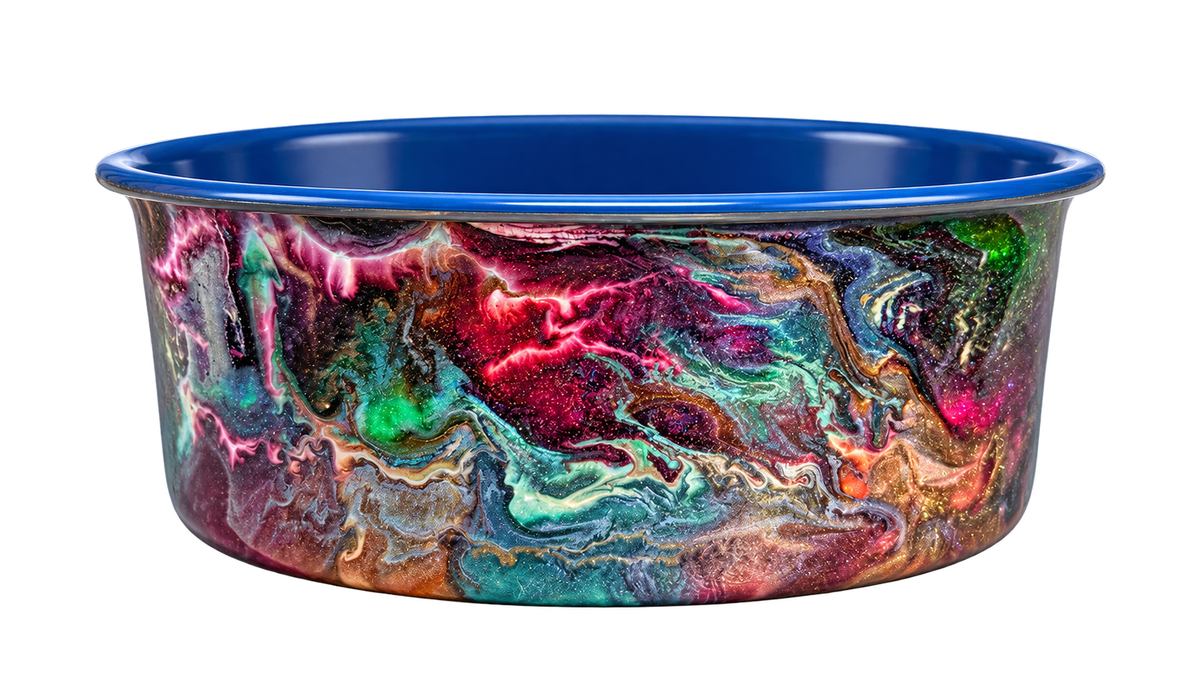 Hand-Painted Dog Bowl — Jewel-Tone Marble, front view