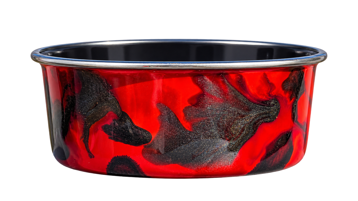 Hand-Painted Dog Bowl — Red & Black Marble, front view