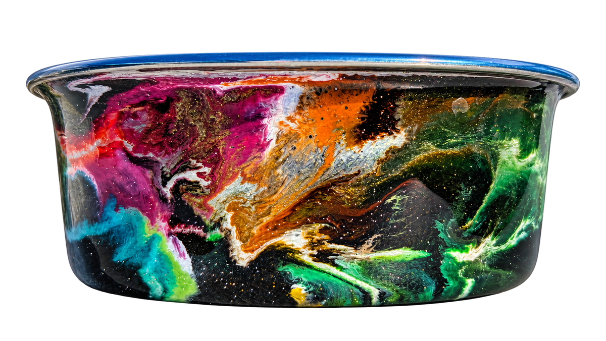 Hand-Painted Dog Bowl — Forest & Ocean Marble, front view