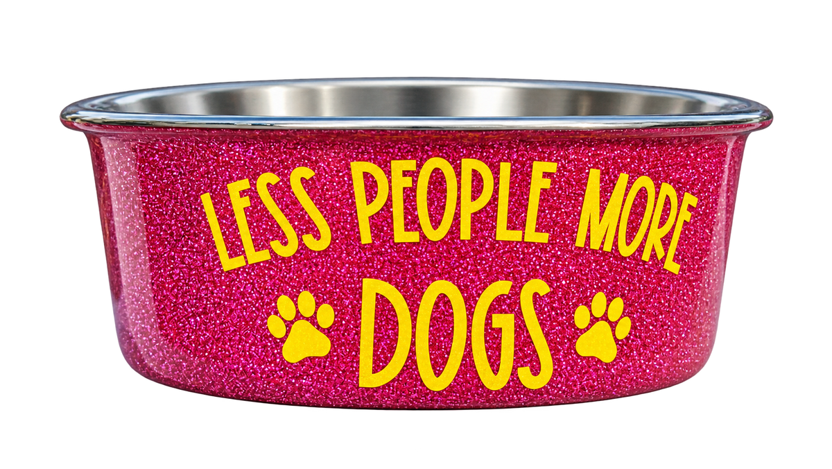 Hand-Decorated Dog Bowl — Less People, More Dogs, front view
