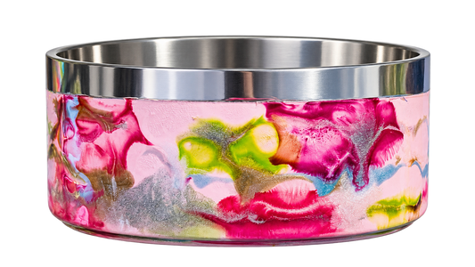 Hand-Painted Dog Bowl — Pink Floral Marble, front view