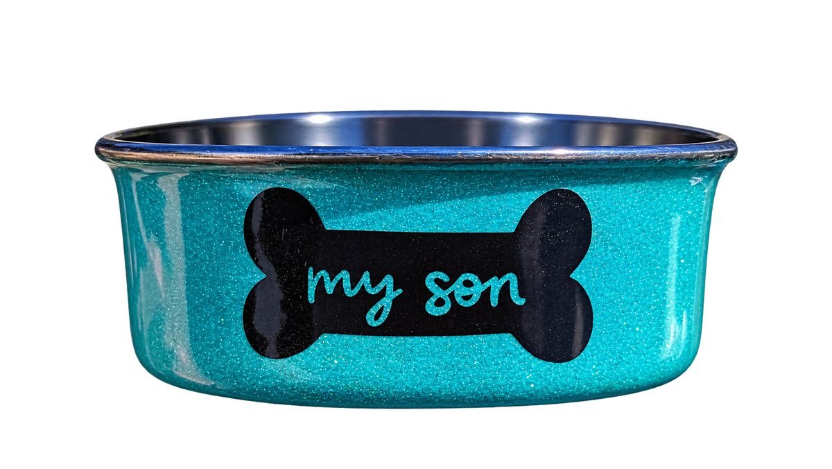 Hand-Decorated Dog Bowl — My Son, front view
