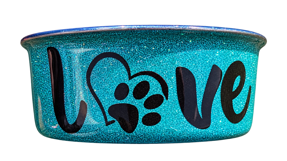 Hand-Decorated Dog Bowl — Love Paw Print, front view