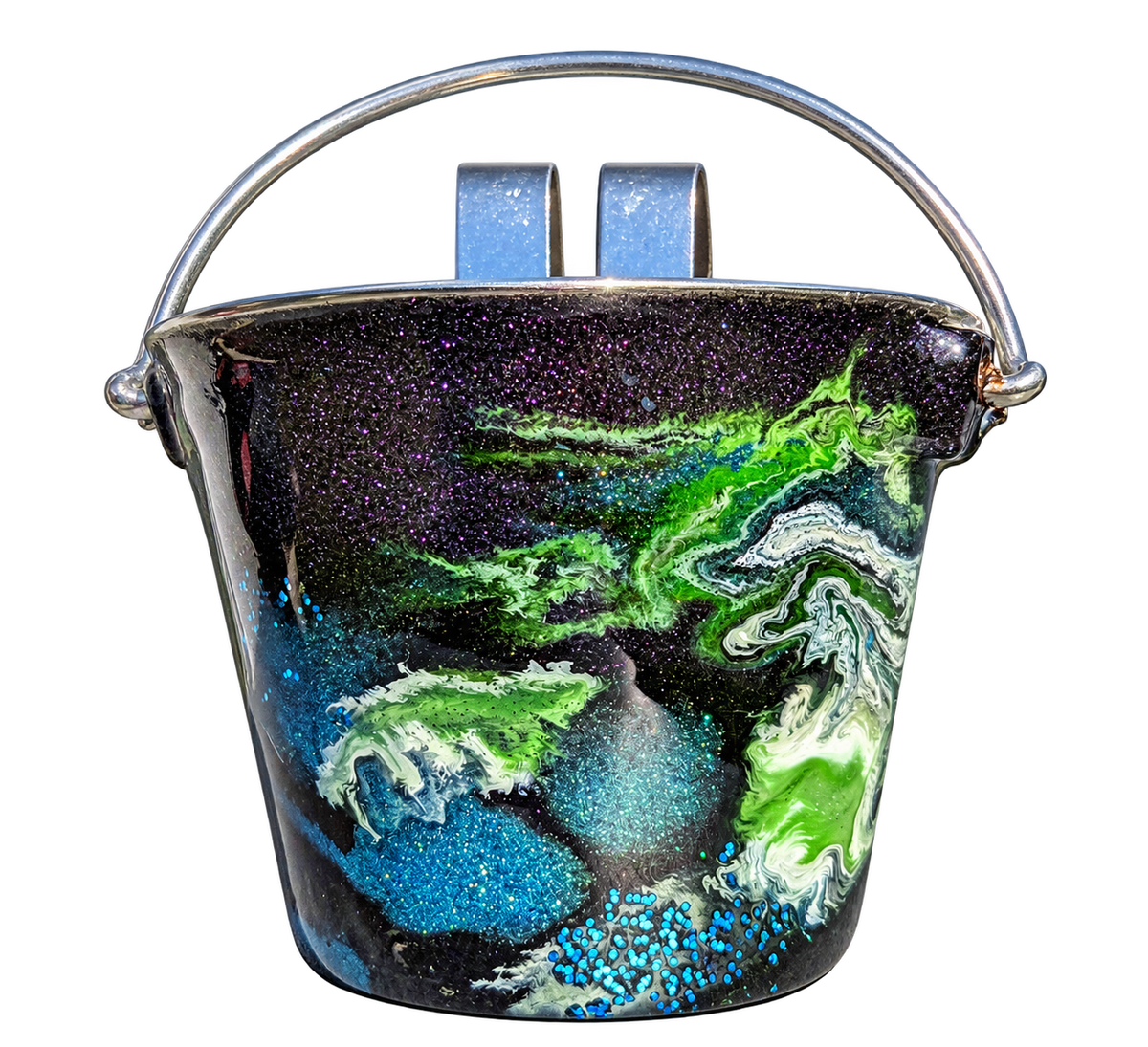 Hand-Painted Dog Water Bucket — Midnight Forest Marble, front view