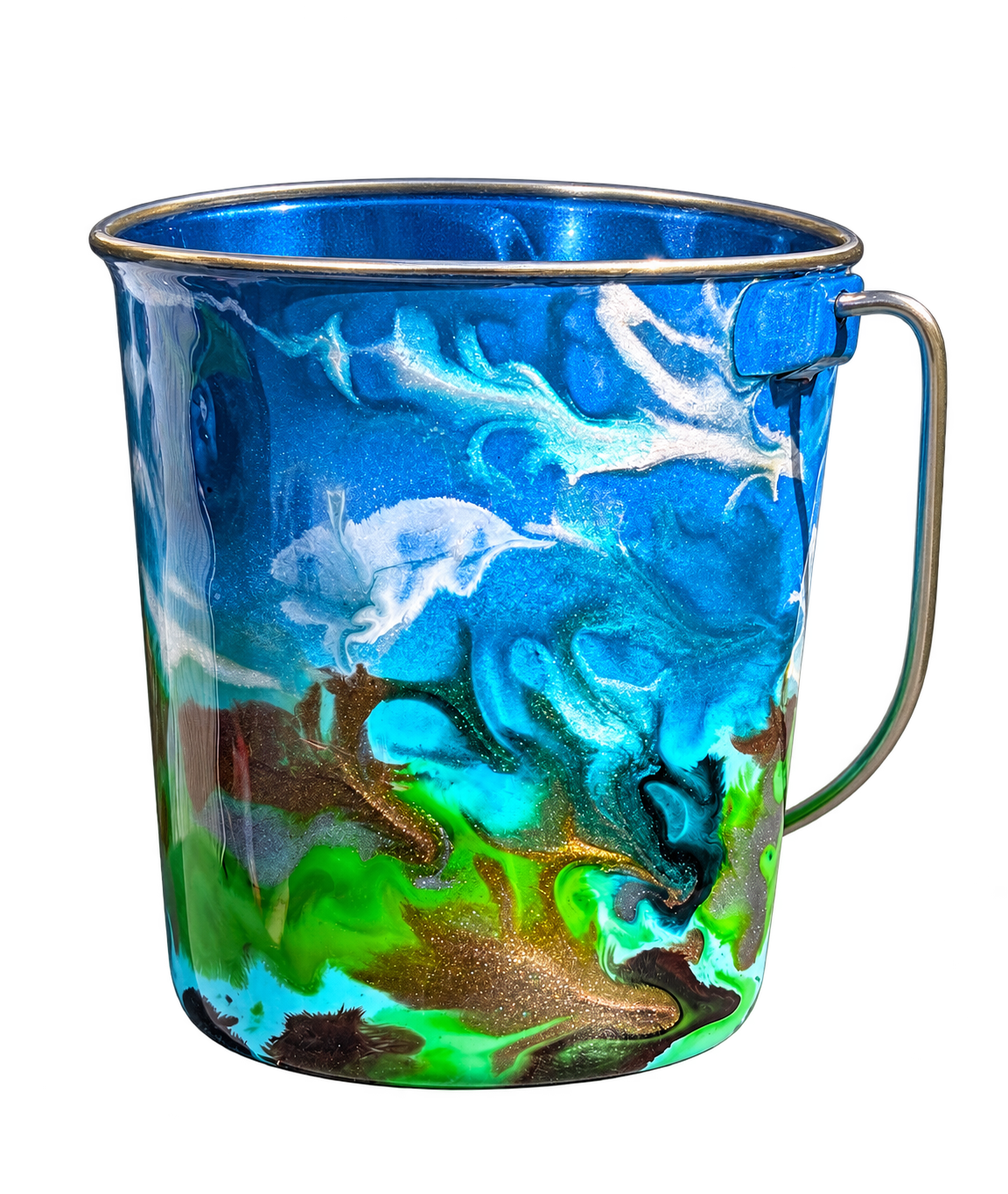 Hand-Painted Dog Water Bucket — Blue Lagoon Marble, front view