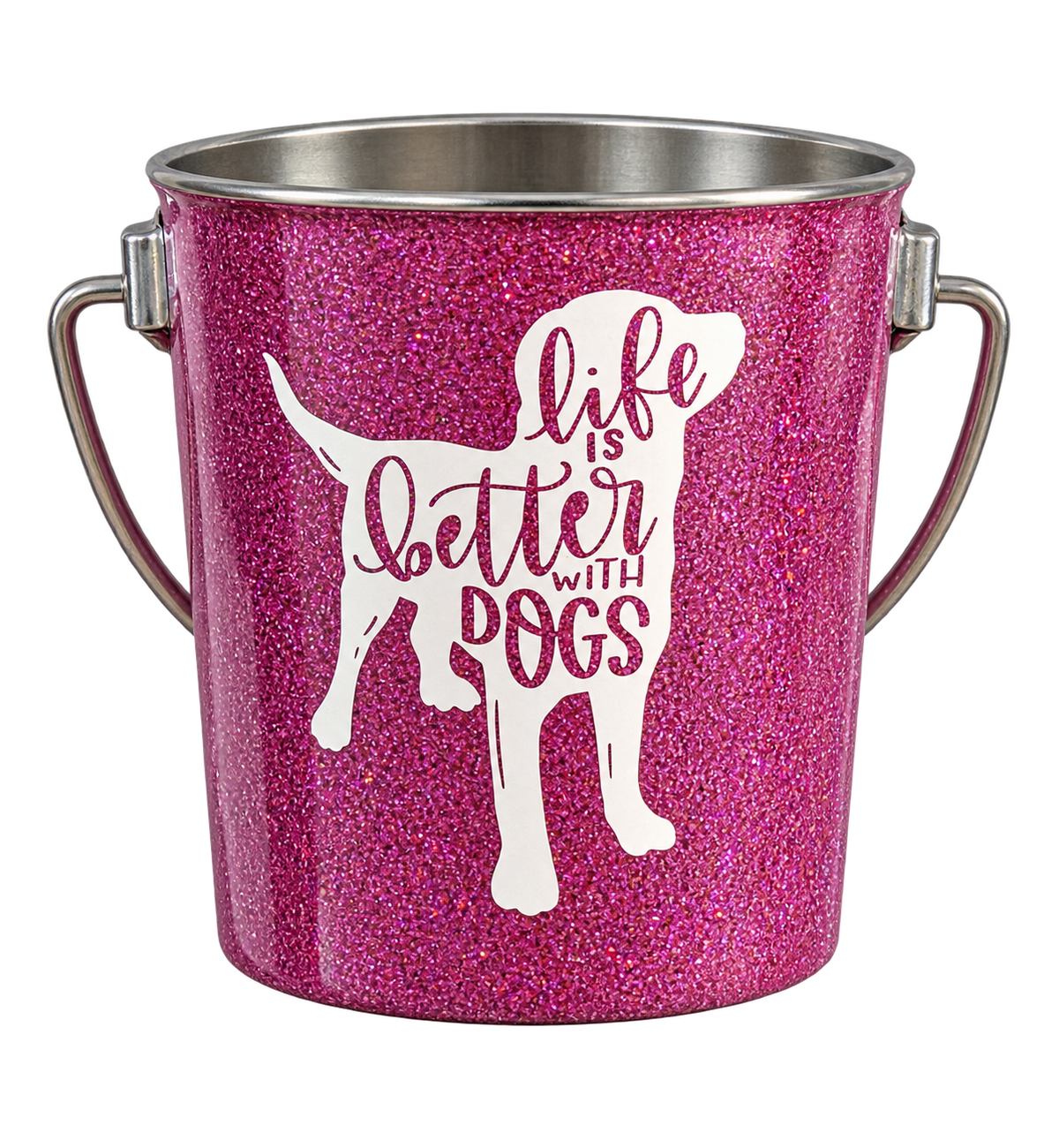 Hand-Decorated Dog Water Bucket — Life Is Better With Dogs, Pink, front view