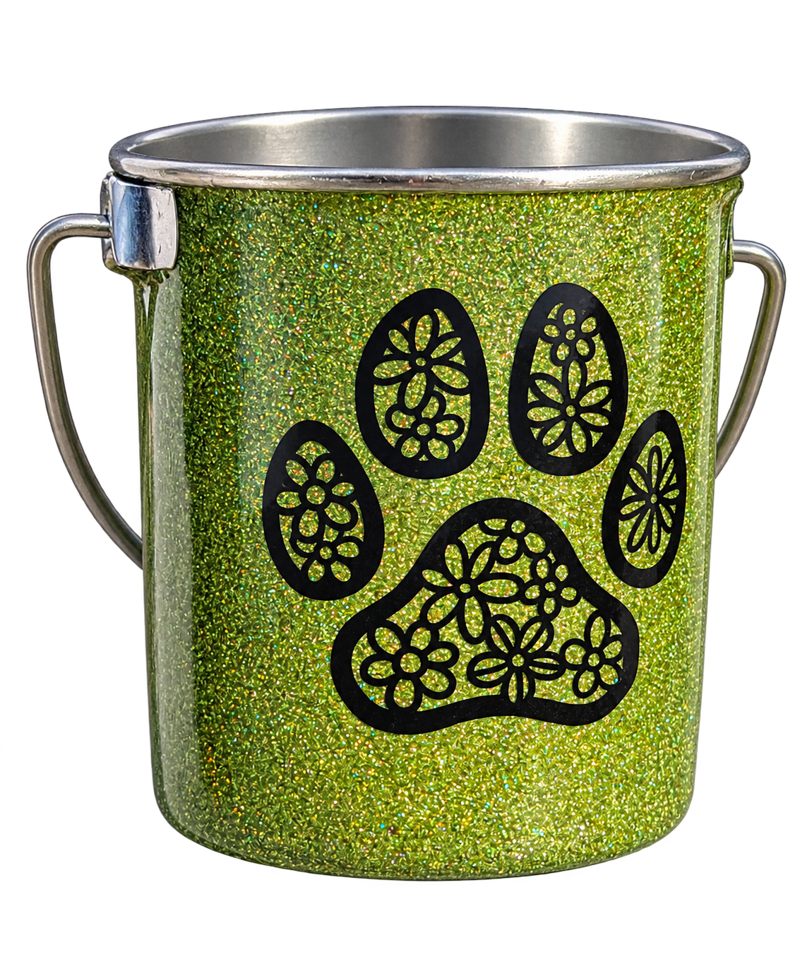 Hand-Decorated Dog Water Bucket — Green Glitter Paw, front view