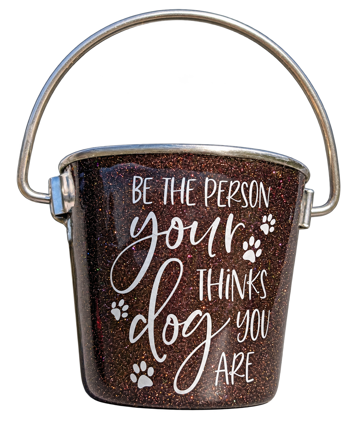 Hand-Decorated Dog Water Bucket — Be the Person Your Dog Thinks You Are, front view