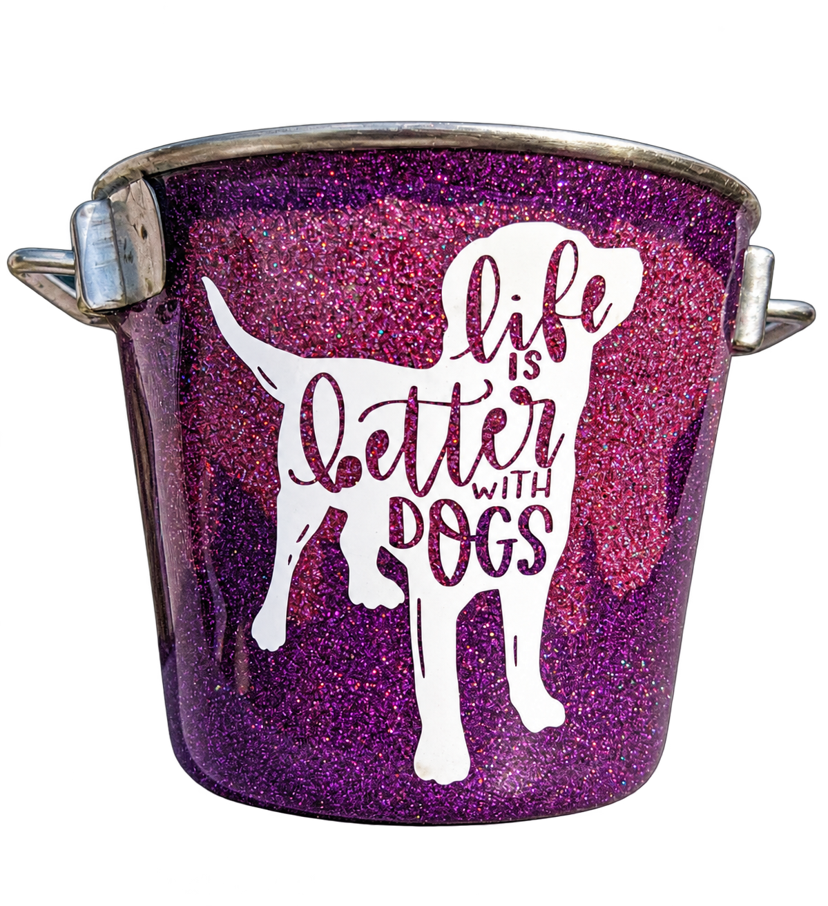 Hand-Decorated Dog Water Bucket — Life Is Better With Dogs, Purple, front view