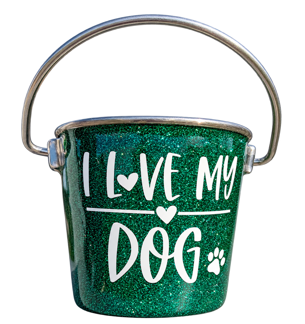 Hand-Decorated Dog Water Bucket — I Love My Dog, front view