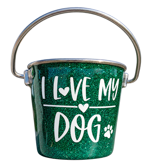 Hand-Decorated Dog Water Bucket — I Love My Dog, front view