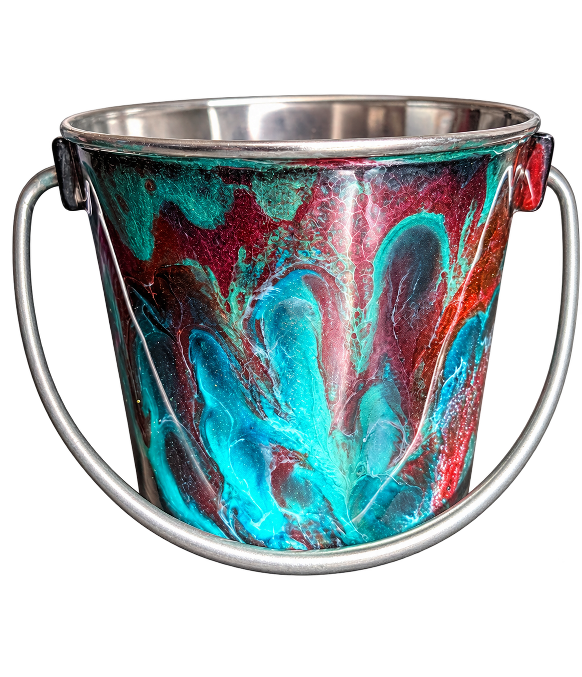 Hand-Painted Dog Water Bucket — Teal & Burgundy Marble, front view