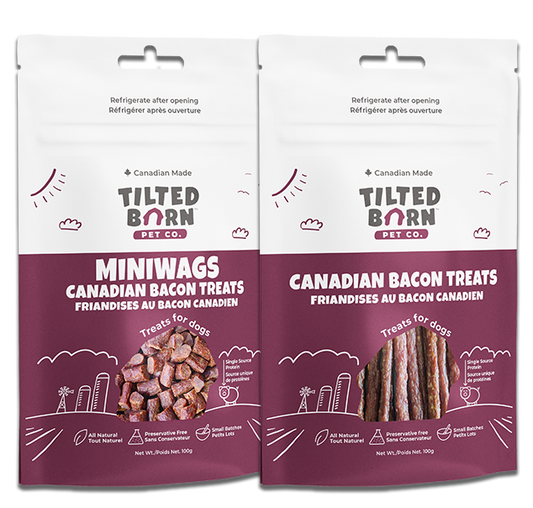 Tilted Barn Canadian Bacon dog treats, 100 g Miniwags and Original Sticks options