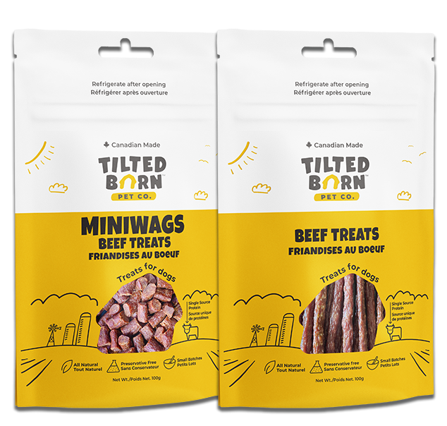 Tilted Barn Beef dog treats, 100 g Miniwags and Original Sticks options