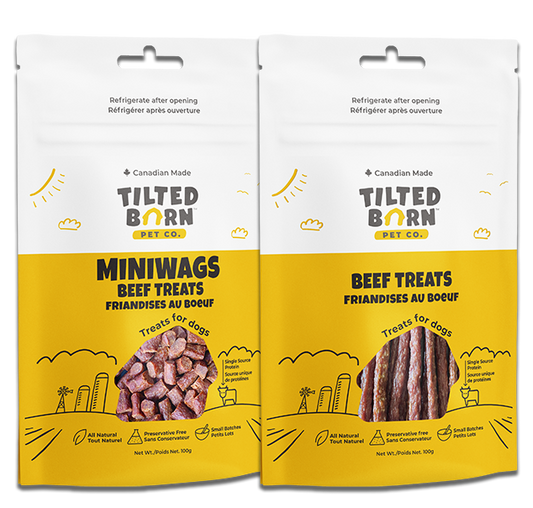 Tilted Barn Beef dog treats, 100 g Miniwags and Original Sticks options