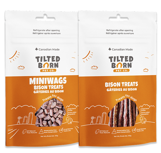 Tilted Barn Bison dog treats, 100 g Miniwags and Original Sticks options