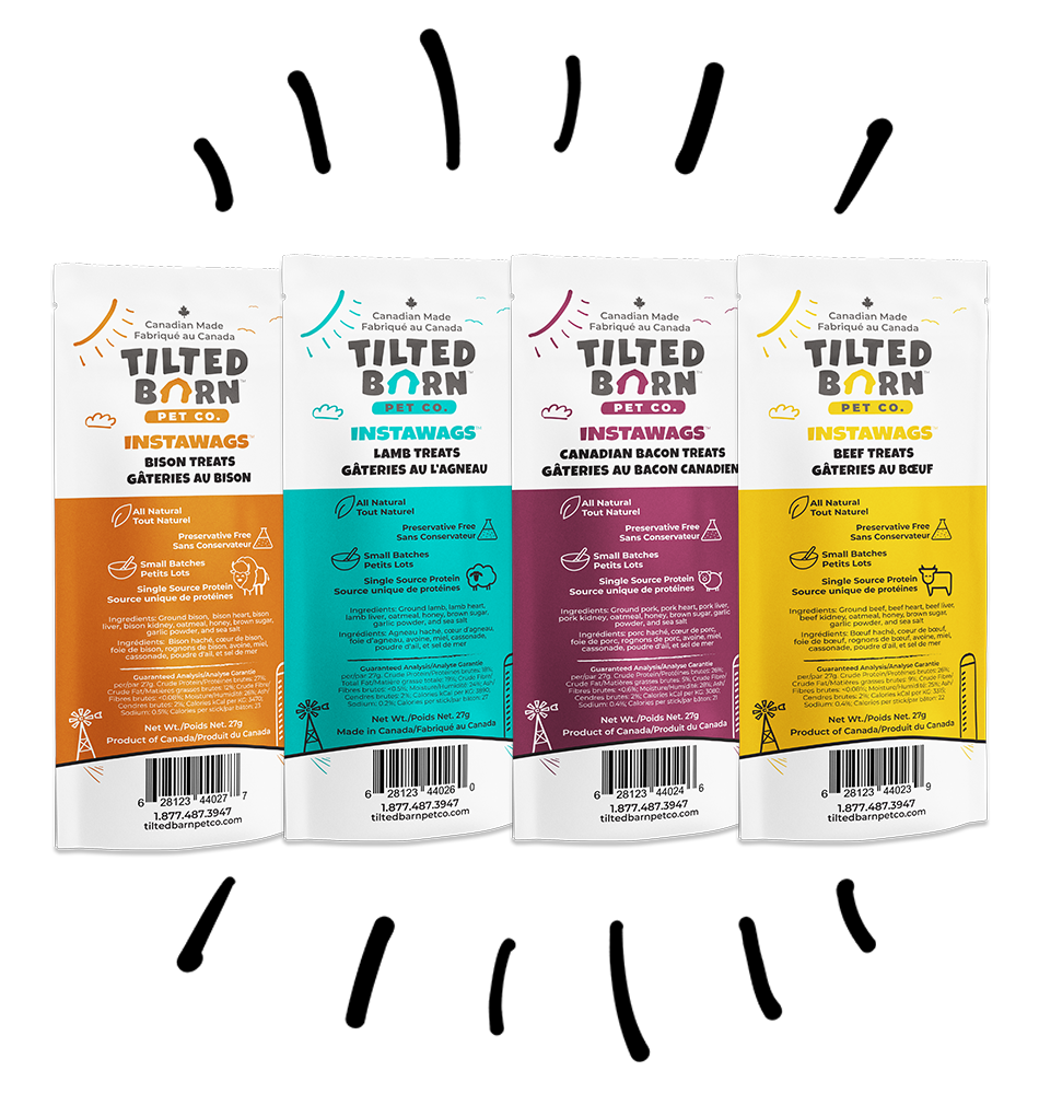 Tilted Barn Instawags 27 g dog treats in Bison, Lamb, Canadian Bacon and Beef flavours