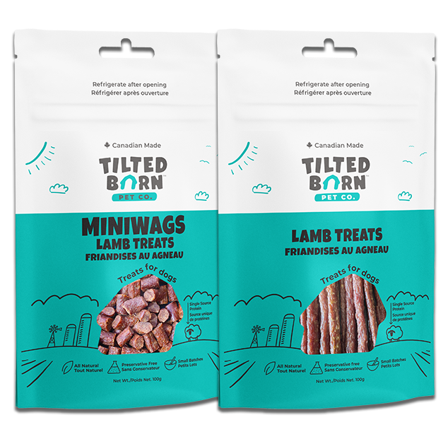 Tilted Barn Lamb dog treats, 100 g Miniwags and Original Sticks options