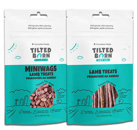Tilted Barn Lamb dog treats, 100 g Miniwags and Original Sticks options